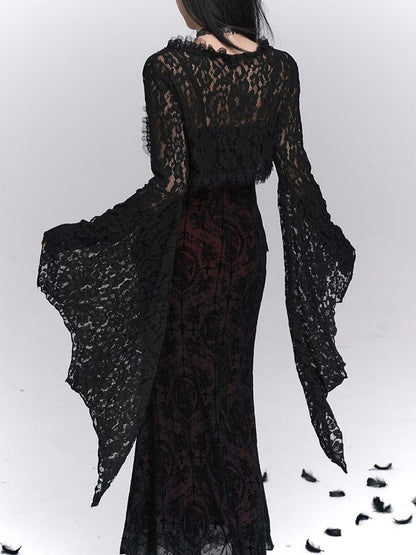 Black Shrug Embroidery Lace Crop Floral with Sleeves Bell Gothic Halloween