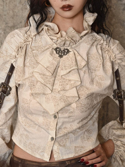 フリルネックライン アプリコット スチームパンク バルーンスリーブ シャツ
