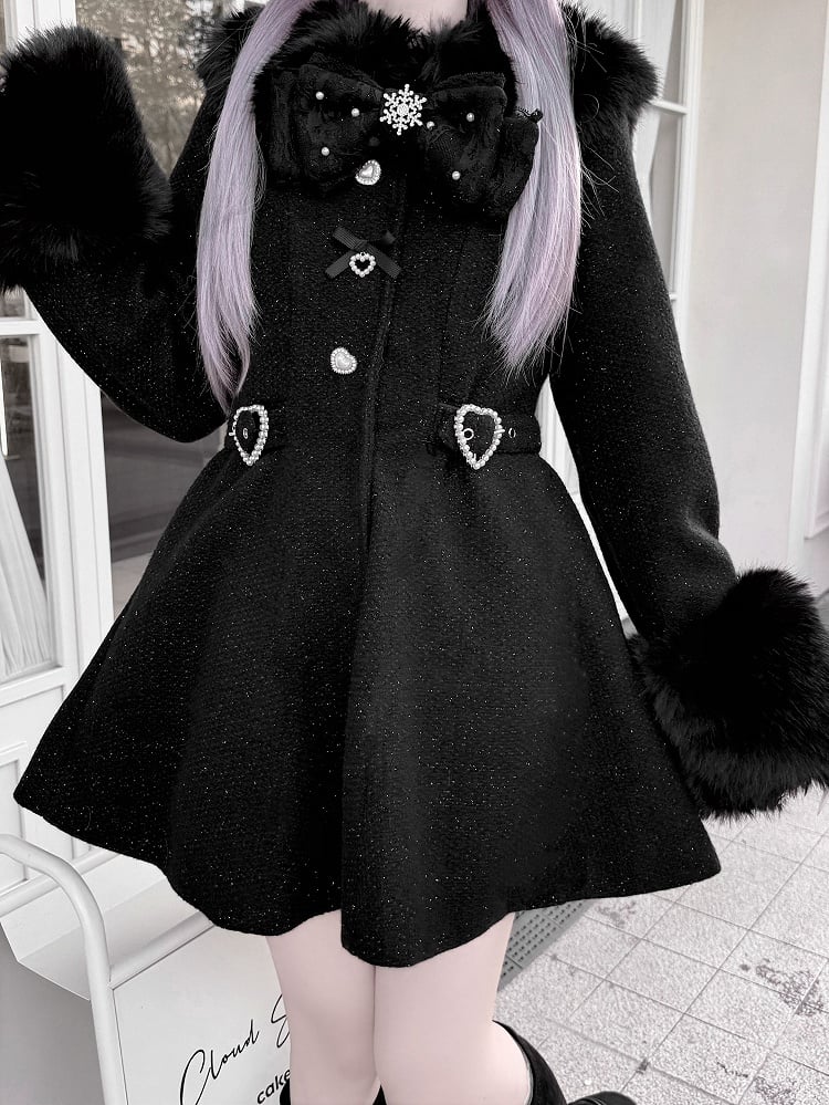 Faux Fur Detachable Coat Waisted Kei Black/Beige Collar with and Cuffs Jirai