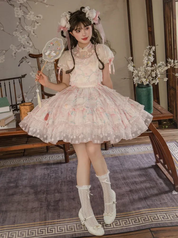 Pink Tiered Skirt Qi Lolita Dress Delicate Peach and Peach Blossom Embroidery on Neck