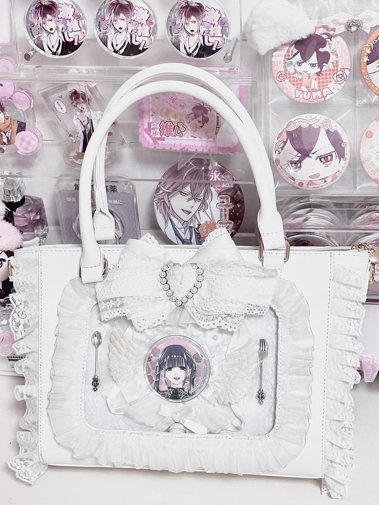 Kei Free Lace Bag with Card Trim Ita with Holder Beaded Bowknot Heart Jirai White PVC - Fault Angel