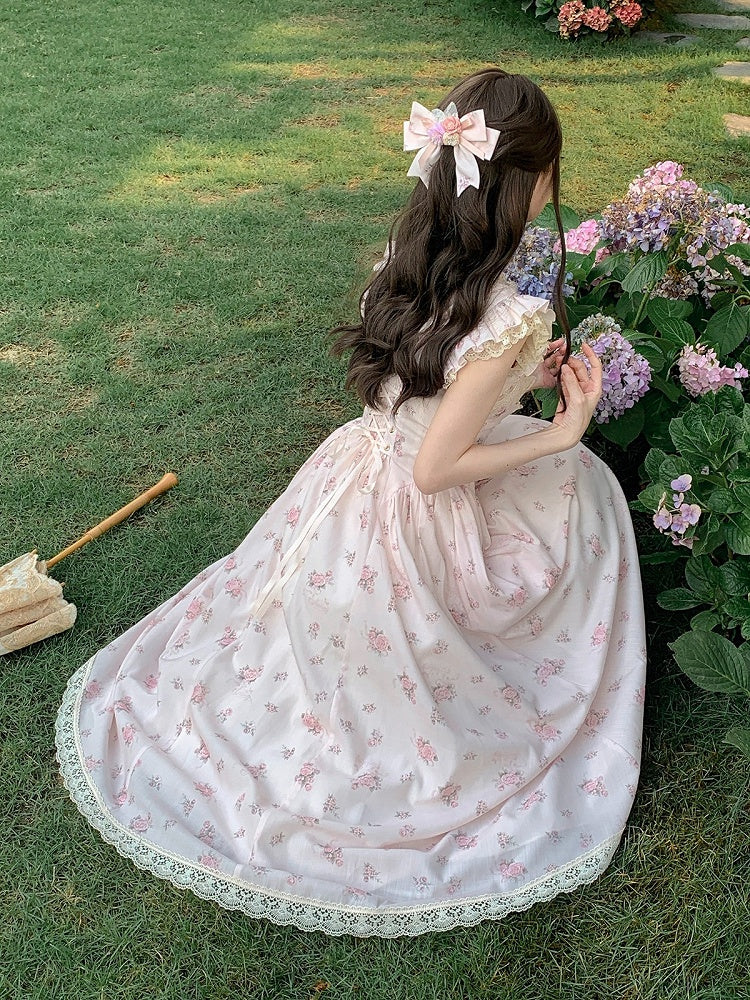 Graceful Pink Floral Lace JSK Dress with Brooch Set