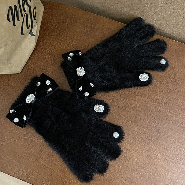 and Warm Fuzzy Decorations Gloves White/Black Rhinestone with Bow