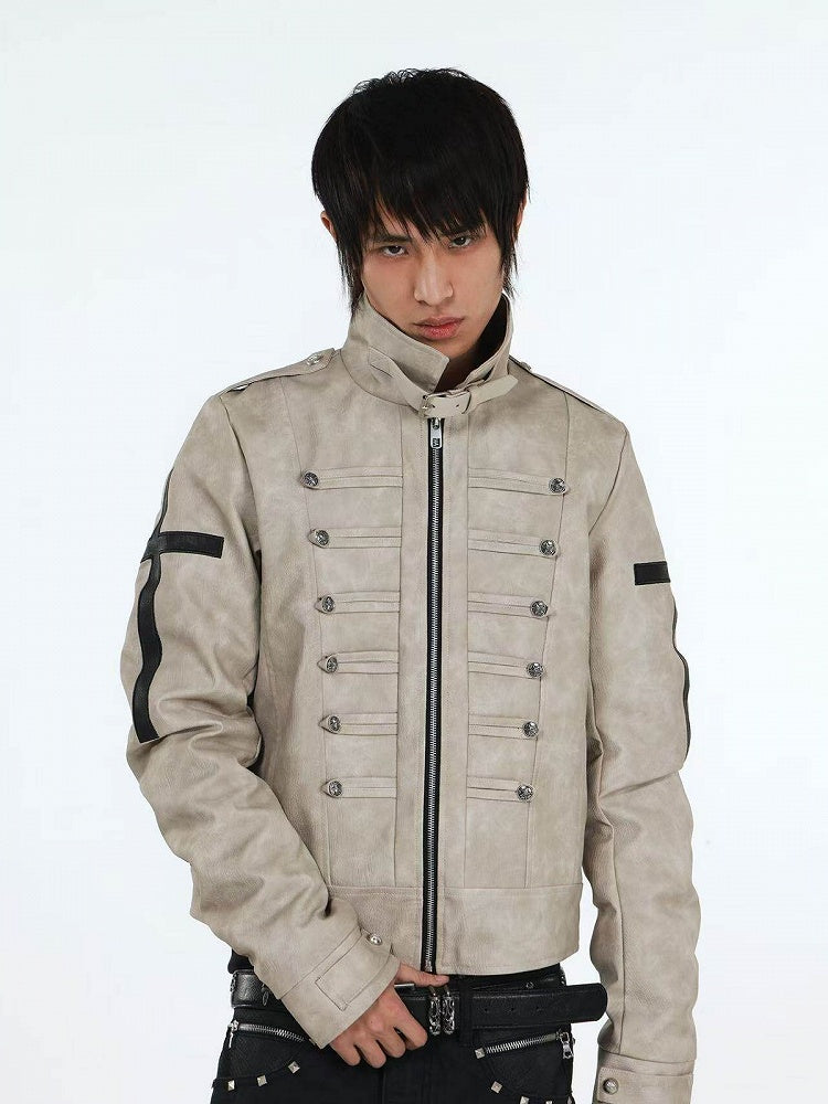 Genderless Punk Milk White Double-Breasted Decorative Faux Leather Jacket with Cross Pattern - DETW OnLine
