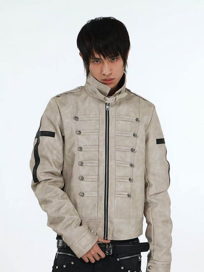 Genderless Punk Milk White Double-Breasted Decorative Faux Leather Jacket with Cross Pattern - DETW OnLine