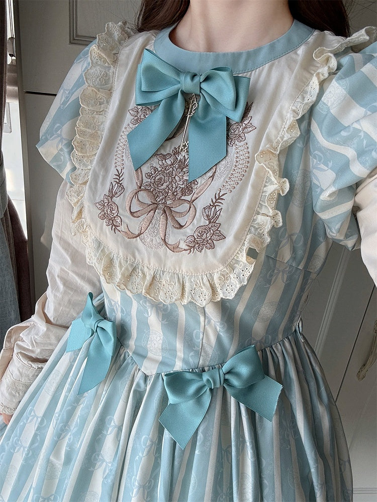and Floral Blue Embroidery Classic One Bowknot Piece Striped Bodice Version Lolita Short Pattern