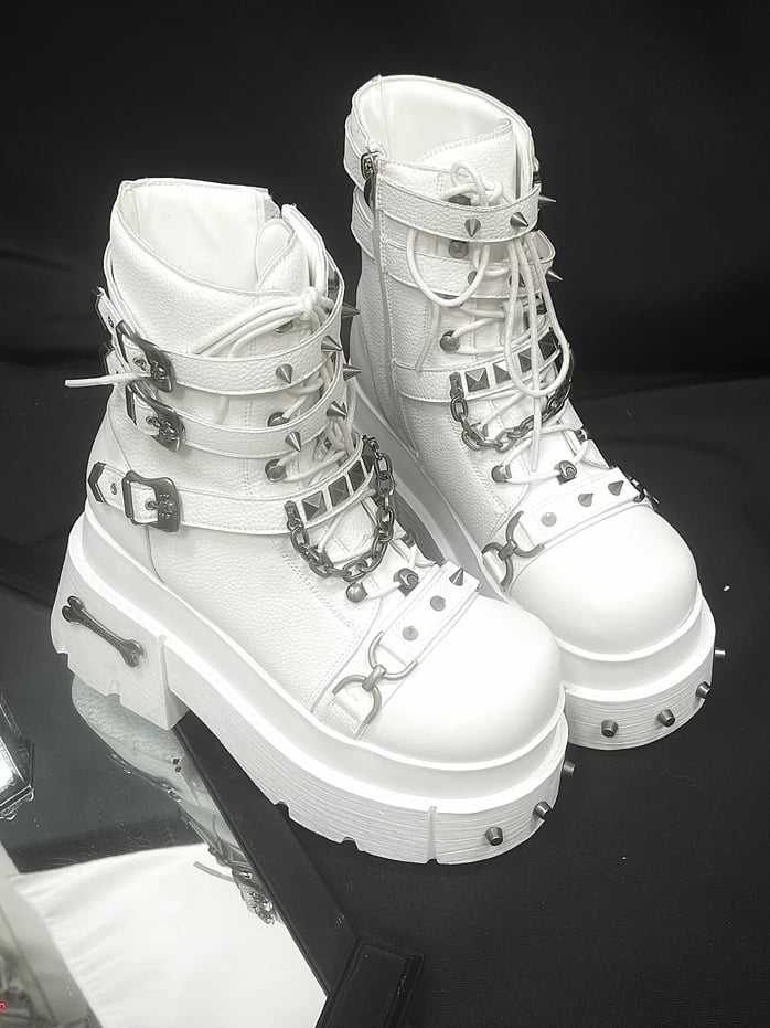 Straps with Studded Buckle White Details Platform Punk Boots