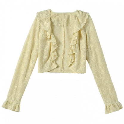 Kawaii Spitzen-Cardigan mit grünem Rüschensaum und ausgehöhltem Yume