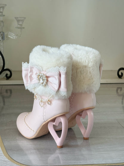 Heart-Shaped Heel Sweet Bow High Heel Ankle Boots BE008