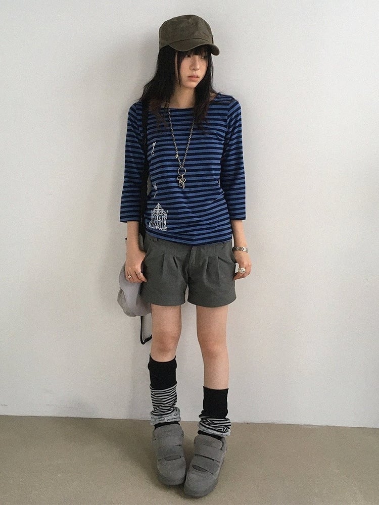 Navy Blue Striped Wide Round Neck Long Sleeve T-shirt with Key and Iron Gate Print - innomoood