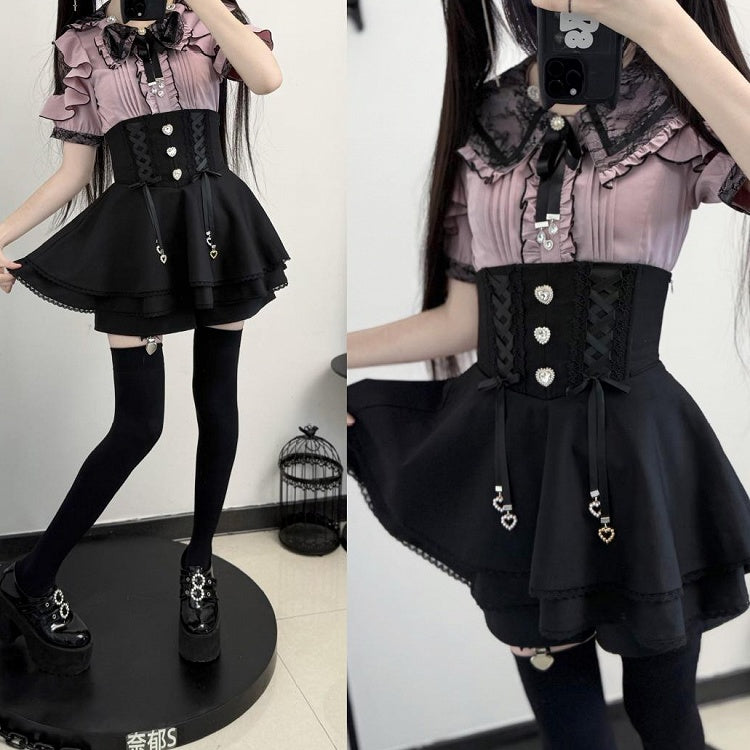 Black Lace Double Kei Cutouts Bow Blouse Collar Jirai Style and Shoulder Purple