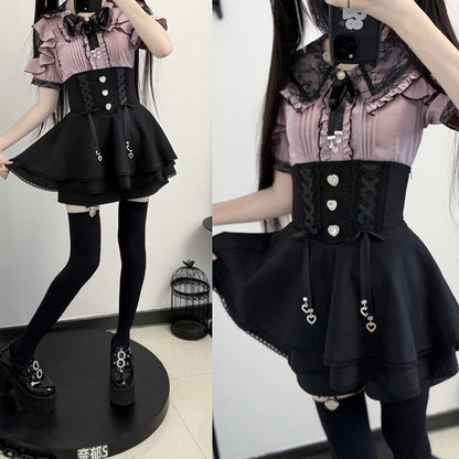 Black Lace Double Kei Cutouts Bow Blouse Collar Jirai Style and Shoulder Purple