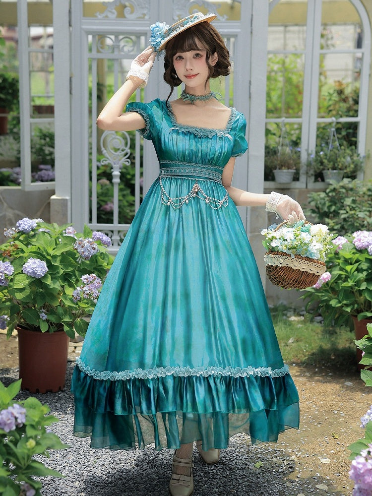 Square Neck Teal Lolita Dress with Belt & Chain Set - Elegant - With PUJI