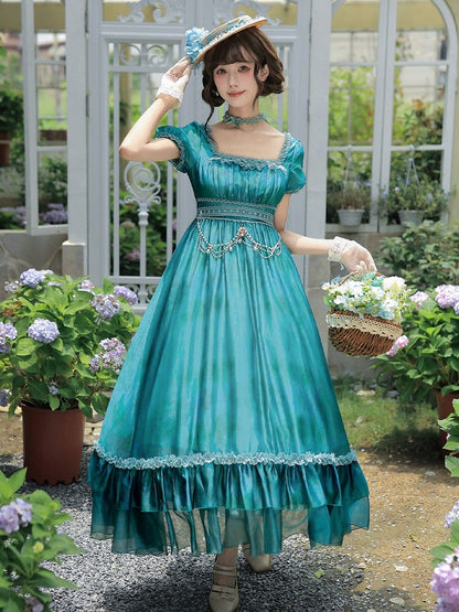 Square Neck Teal Lolita Dress with Belt & Chain Set - Elegant - With PUJI