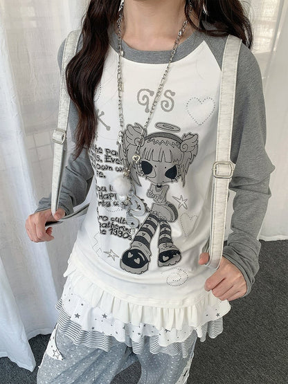 White Raglan Sleeve Cartoon with Top Hem Print Girl Flounce