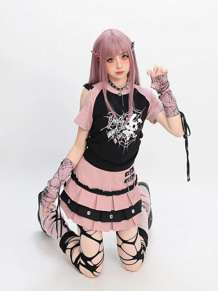 Schnallen Stufenrock Y2K Rot/Pink/Lila Herz Kellerfalte Gefüttert