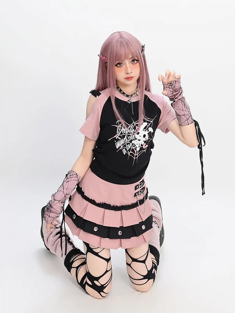 Kostenloses Rot/Pink/Lila mit T-Shirt-Print-Ärmeln Y2K Cutout-Schulter-Spinnennetz