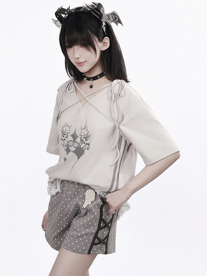 Summer Light Gray Cartoon Print V-Neck Top with Ties and Lace - PINK SAVIOR