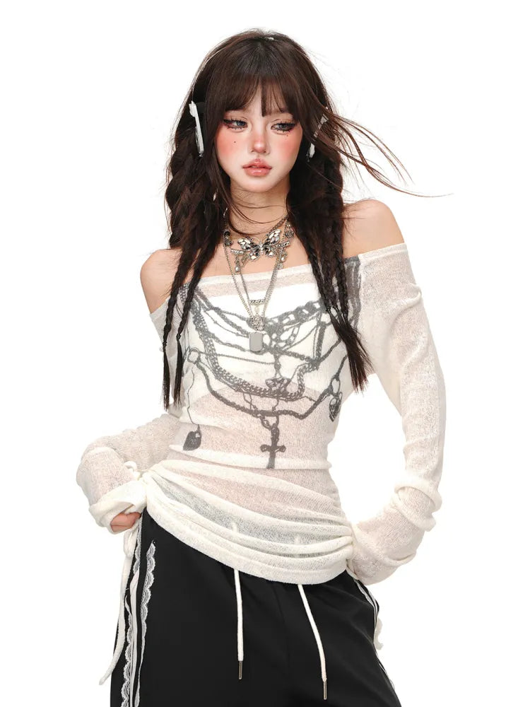 Top Graffiti Weiß/Schwarz Halbtransparenter Kordelzug in der Taille