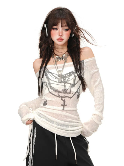 Top Graffiti Weiß/Schwarz Halbtransparenter Kordelzug in der Taille