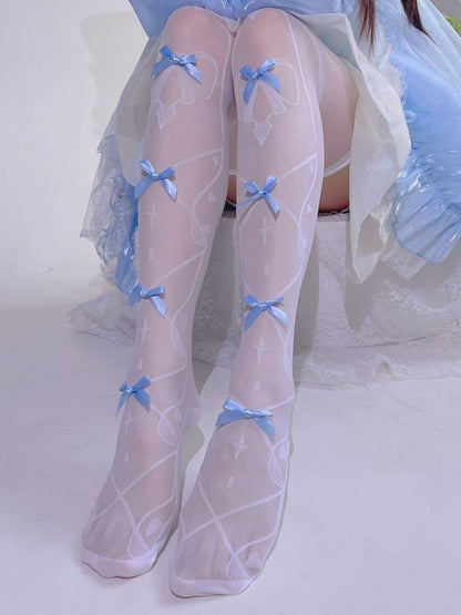 White and Blue Bow Semi-sheer Over Knee Stockings