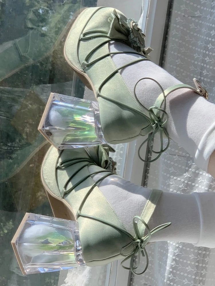 with Green Bow PU - Janes Leather Floral High-heel Mary Lolita Elegant