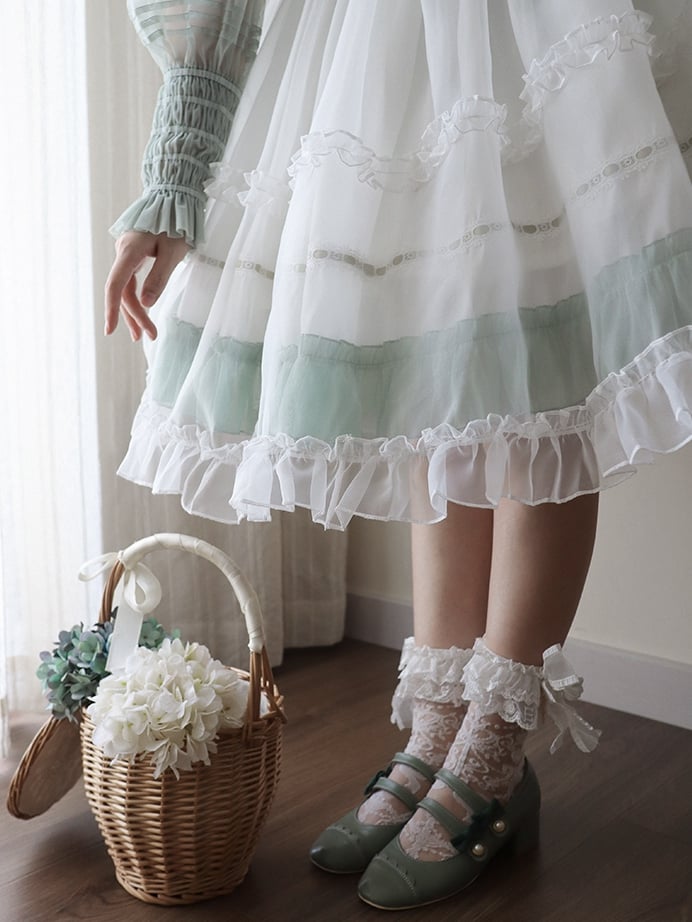 Dress Bow Ruffle with Accents Green Classic and White Lolita