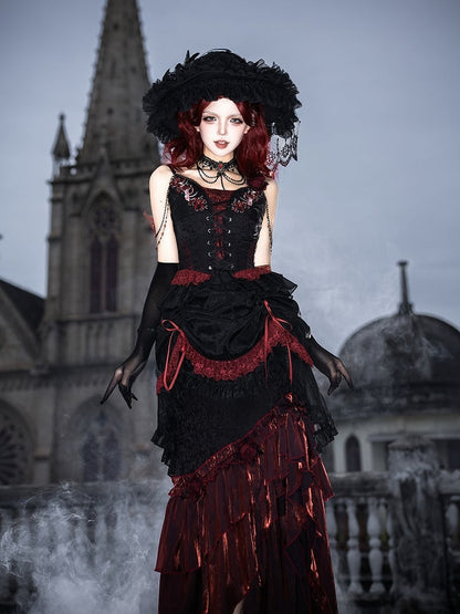 Black Red Gothic Corset Top and Skirt Set with Choker - Xiong Dou Jiang