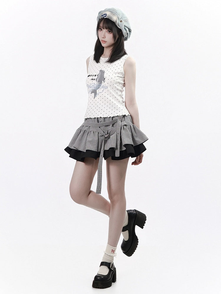 Black & White Gingham Layered Skirt with Buckle Strap - PINK SAVIOR