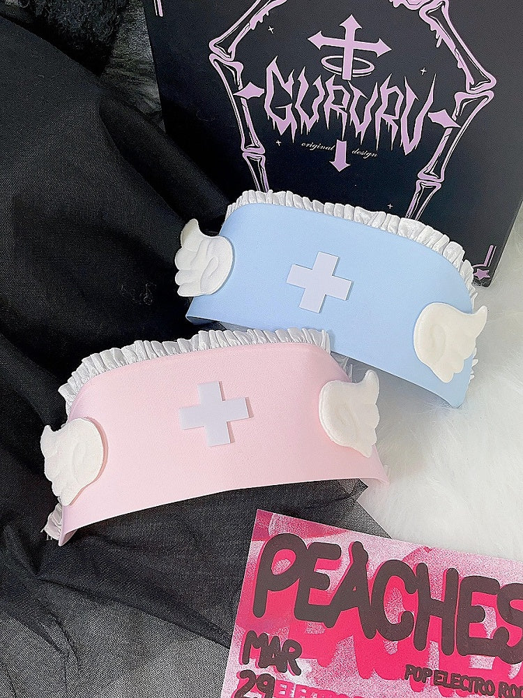 Blue and Pink Cross Wing Lace Trim Yami Kawaii Hat