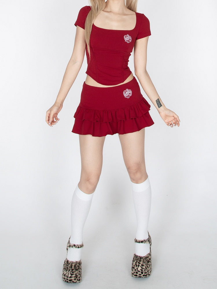 レッド/ブラック ローウエスト ティアードフリル グラマラス ミニスカート