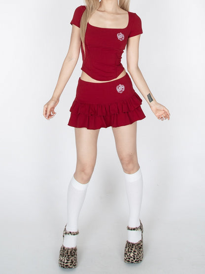 レッド/ブラック ローウエスト ティアードフリル グラマラス ミニスカート