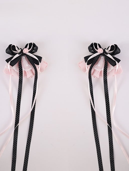 Pink Design Hairclip Black Bowknot Lolita Lace Details Rose