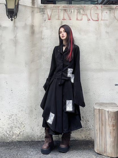 Black Notched Collar Bell Sleeves Punk Asymmetrical Shirt Appliques