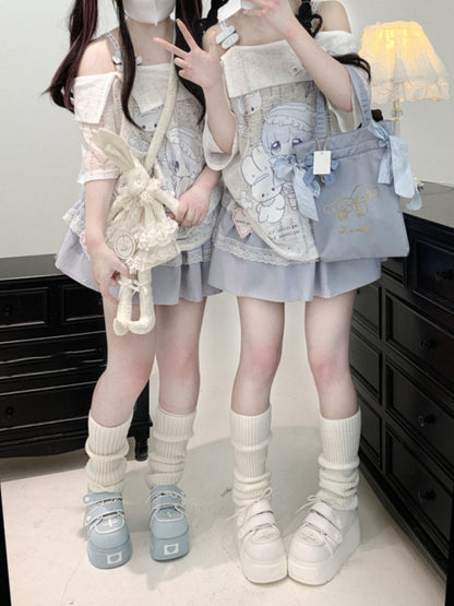 Off-the-shoulder Neckline White Jirai Kawaii Cartoon Yami Print