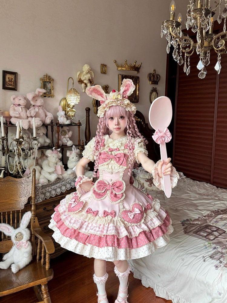 Pink Layered Sweet Lolita JSK Gown Featuring Oversized Bow & Heart Motifs - Sweet Crystal
