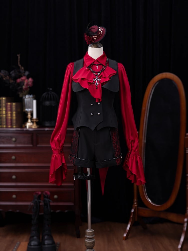 Vampire Bat-Wing Tail Waistcoat in Black and Red with Curved Hem - DevilInspired Exclusive Collection