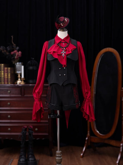 Vampire Bat-Wing Tail Waistcoat in Black and Red with Curved Hem - DevilInspired Exclusive Collection