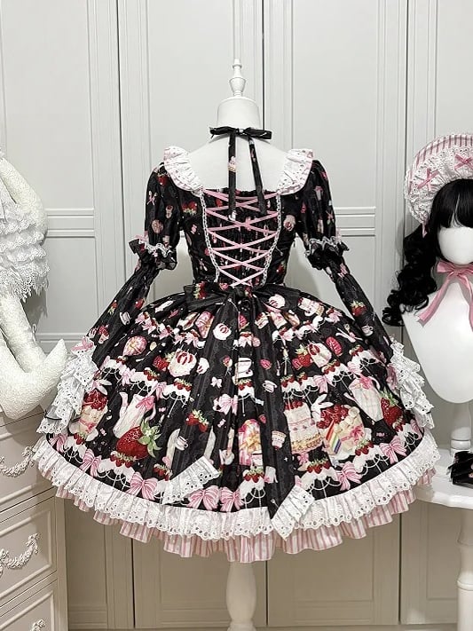 Lolita Print Black Cake Bell with Sweet Sleeves Short Strawberry Dress Detachable