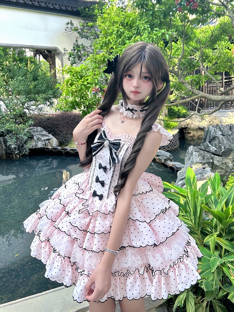 Sleeves Boned Detachable Sweet Waist Dress with Retro Polka Dots Lolita Pink Puff