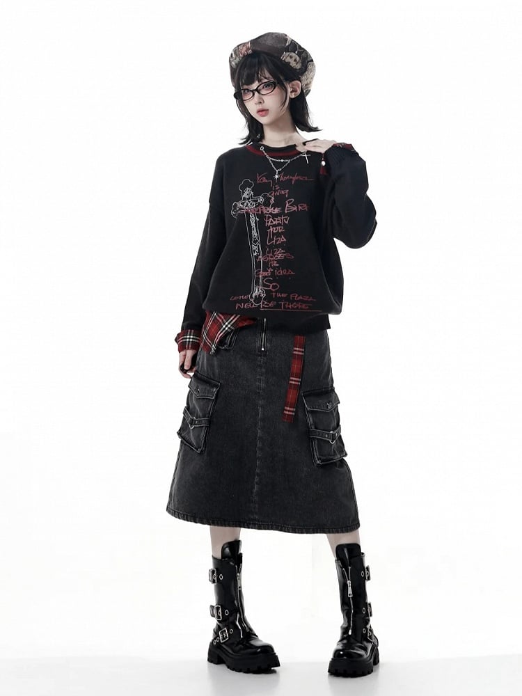 Y2K Black Sweater Print Plaid Distressed Red with Cross Cuffs