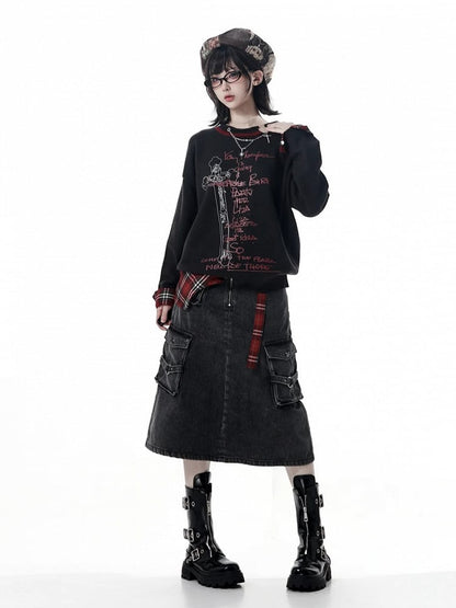 Y2K Black Sweater Print Plaid Distressed Red with Cross Cuffs