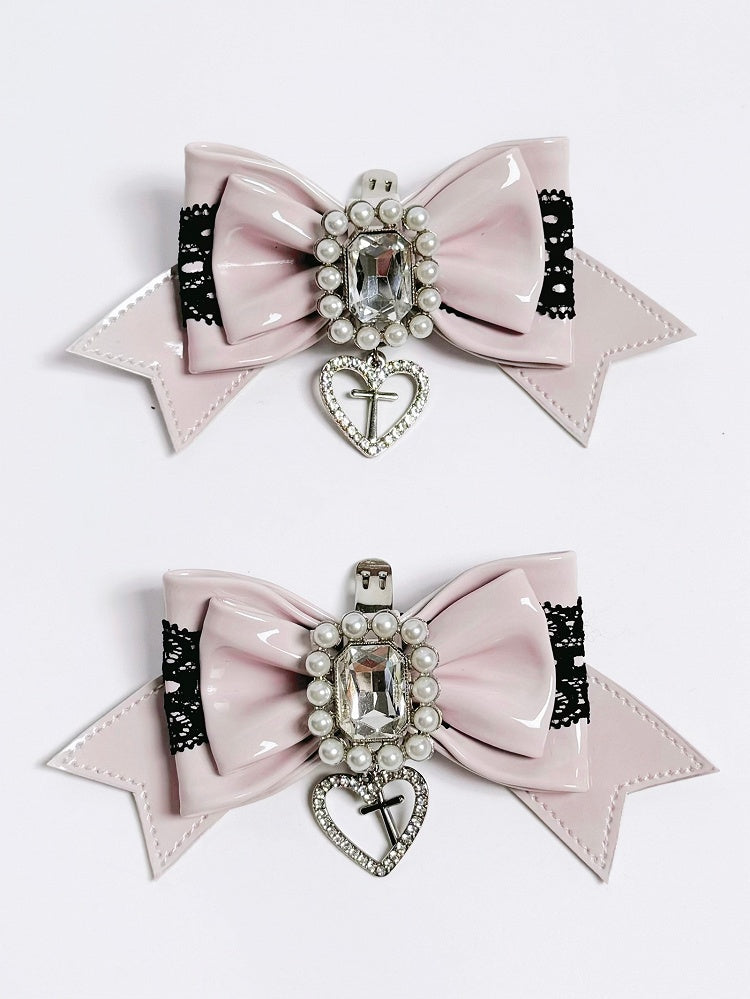 Pink Bowknot Decor Kei Shoe Jirai Black Pink/White Clips Beaded -