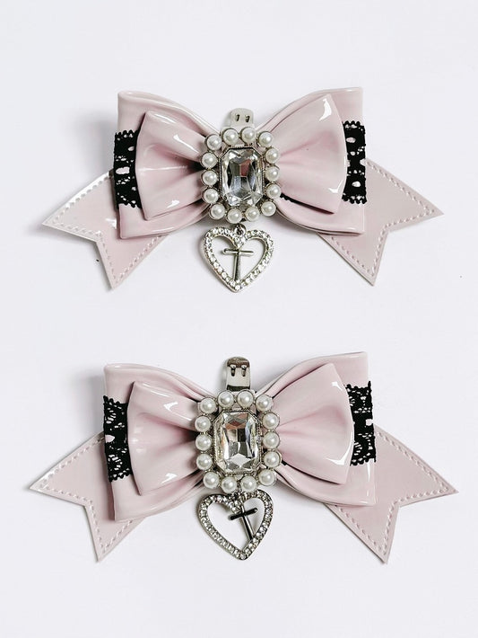 Pink Bowknot Decor Kei Shoe Jirai Black Pink/White Clips Beaded -