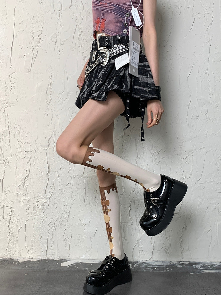 Cookie Print Y2K Bowknot And WhiteBrown Underknee Bittersweet Stockings