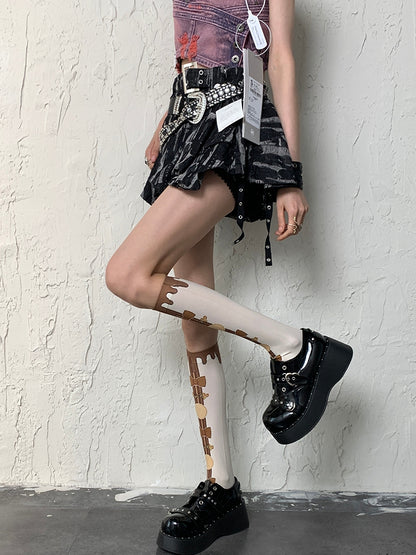 Cookie Print Y2K Bowknot And WhiteBrown Underknee Bittersweet Stockings