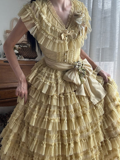 Belt Tulle Yellow Mesh Waist Set - Elegant Skirt + Lolita Vest Cotton Dotted Multi-layered Classic