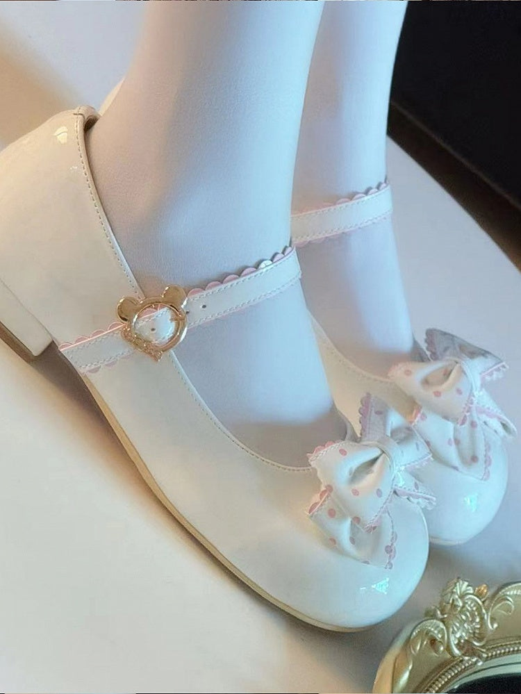Lolita Leather - Janes PU White Fastener Mary Sweet at Teddy Bow Polka-dot and with Top