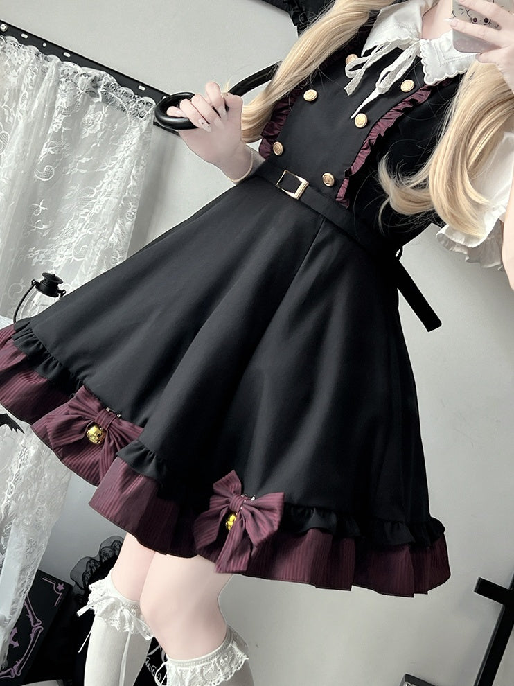 White Short Sleeves Blouse Dark Red&Black Bowknot Bell Striped Dress Set