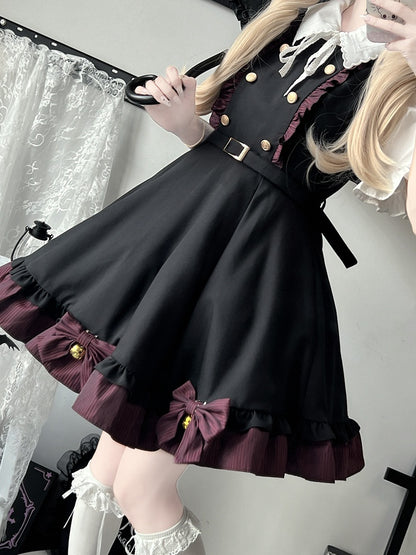 White Short Sleeves Blouse Dark Red&Black Bowknot Bell Striped Dress Set